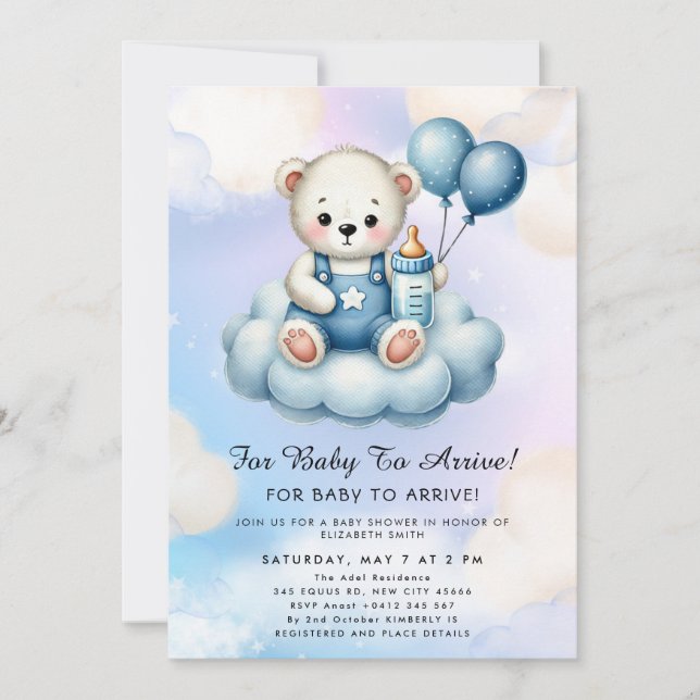 Cute Teddy Bear Balloon Theme Inbjudningar (Framsida)