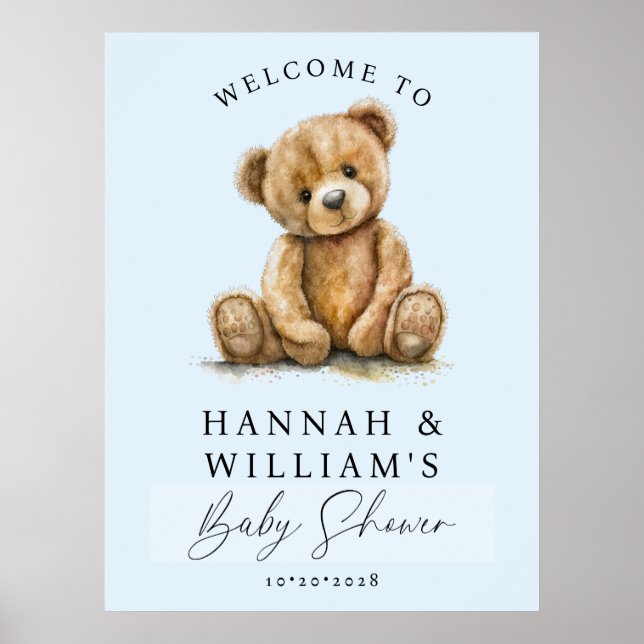 Cute Teddy Bear Blue Boy Baby Shower Welcome Sign Poster (Framsidan)