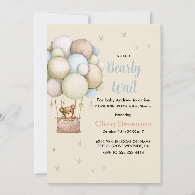 Cute Teddy Bear Boy baby shower Inbjudningar (Framsida)