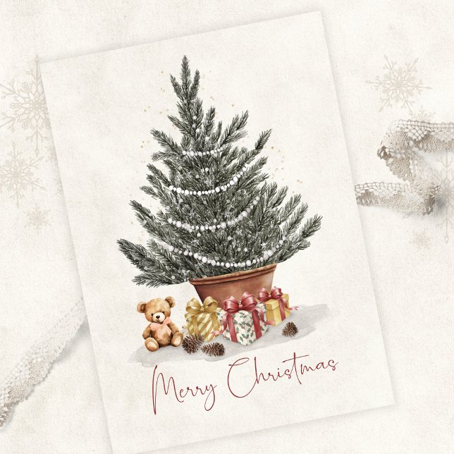 Cute Teddy Bear Christmas Tree Card Kort (Close Up Front)