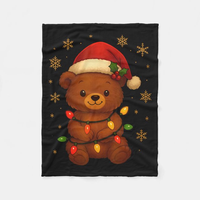 Cute Teddy Bear Christmas Tree Lights Santa Hat Fu Fleecefilt (Framsidan)
