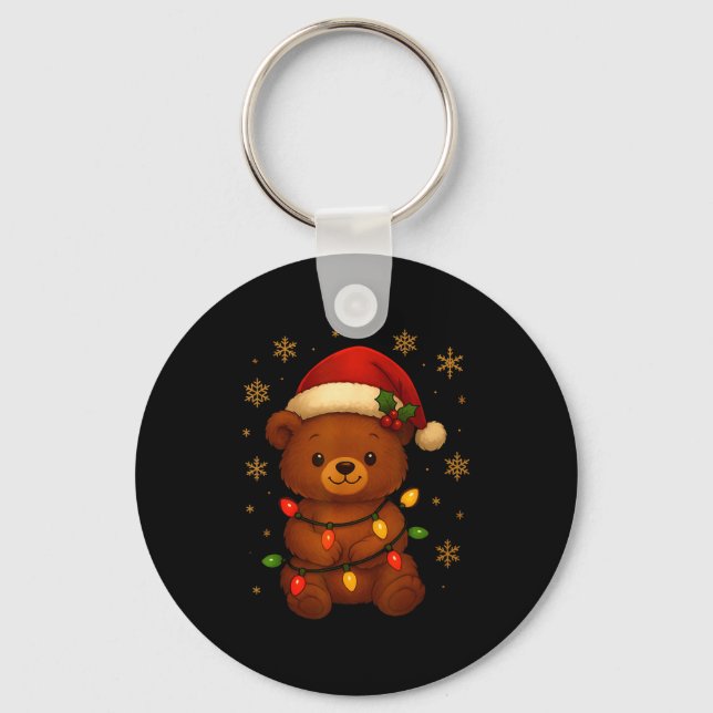 Cute Teddy Bear Christmas Tree Lights Santa Hat Fu Nyckelring (Framsida)