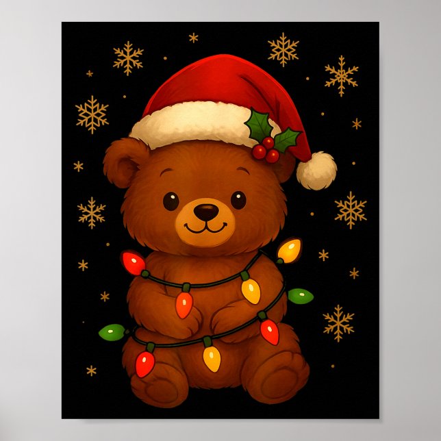 Cute Teddy Bear Christmas Tree Lights Santa Hat Fu Poster (Framsidan)