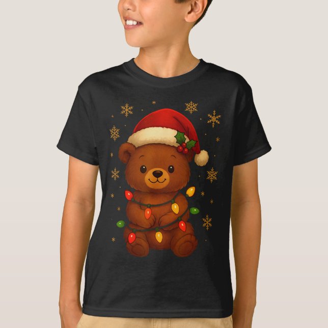Cute Teddy Bear Christmas Tree Lights Santa Hat Fu T Shirt (Framsida)