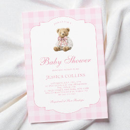 Cute Teddy Bear Coquette Bow Pink Girl Baby Shower Inbjudningar