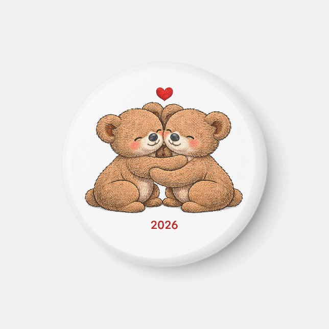 Cute Teddy Bear Couple in Love – Embroidered Style Magnet (Framsidan)