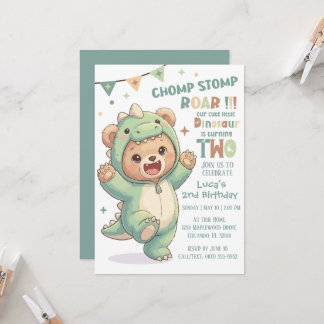 Cute Teddy Bear Dinosaur | 2nd Dino Birthday Party Inbjudningar