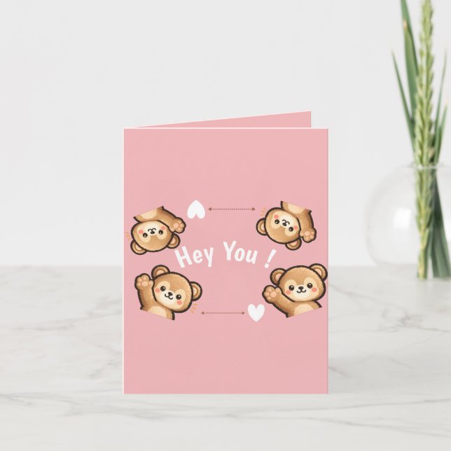 Cute Teddy Bear Folded Invitation – Hey You Pink  Inbjudan (Framsida)