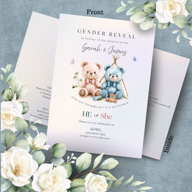 Cute Teddy Bear Gender Reveal Invitation Inbjudan (Skapare uppladdad)
