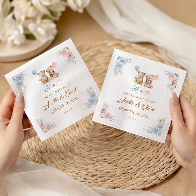 Cute Teddy Bear Gender Reveal Party Napkins Pappersservett (Skapare uppladdad)
