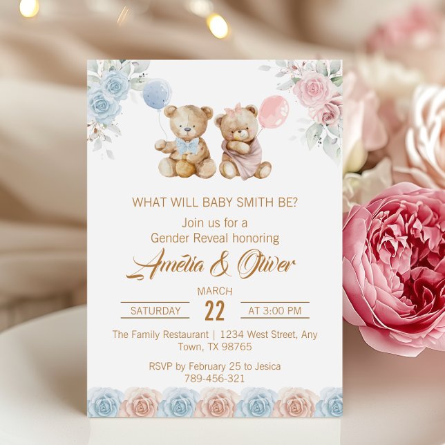 Cute Teddy Bear Gender Reveal Pink Blue Roses Inbjudningar (Skapare uppladdad)