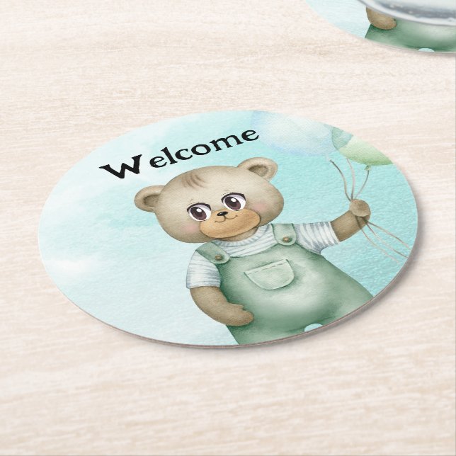 cute teddy bear green background underlägg papper rund (Vinklad)