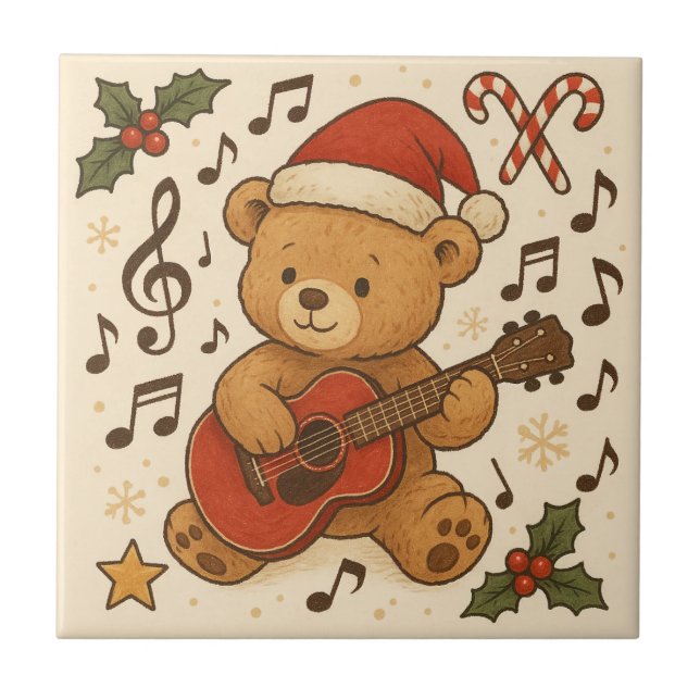 Cute Teddy Bear Guitar Christmas Kakelplatta (Framsidan)