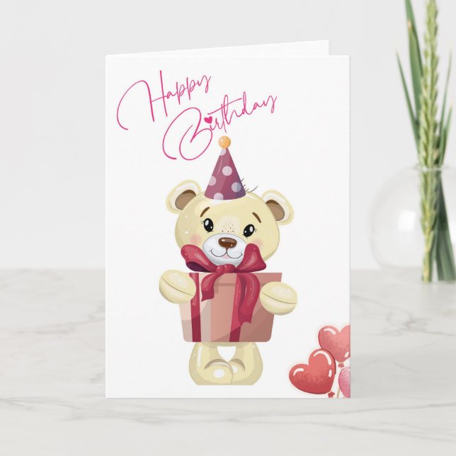 Cute Teddy Bear Happy Birthday Card with Gift Kort (Framsida)
