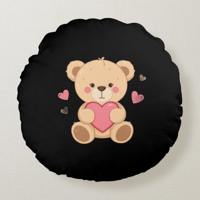 Cute Teddy Bear Holding Heart – love Rund Kudde (Framsidan)