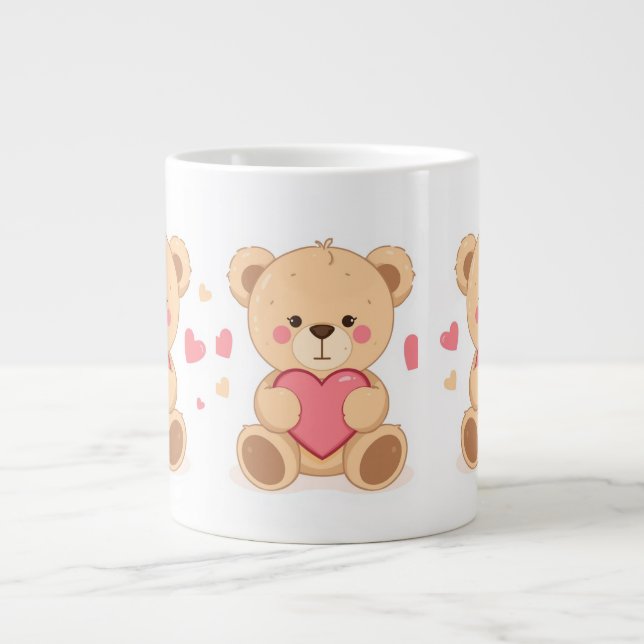 Cute Teddy Bear Holding Heart – Valentine Love Ill Jumbo Mugg (Framsidan)