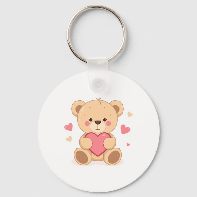 Cute Teddy Bear Holding Heart – Valentine Love Ill Nyckelring (Framsida)