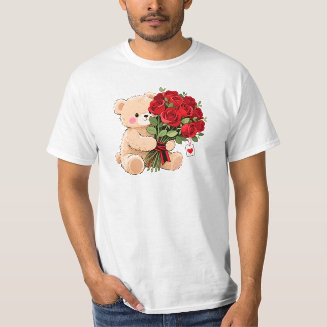 Cute Teddy Bear Holding Valentine Roses T Shirt (Framsida)