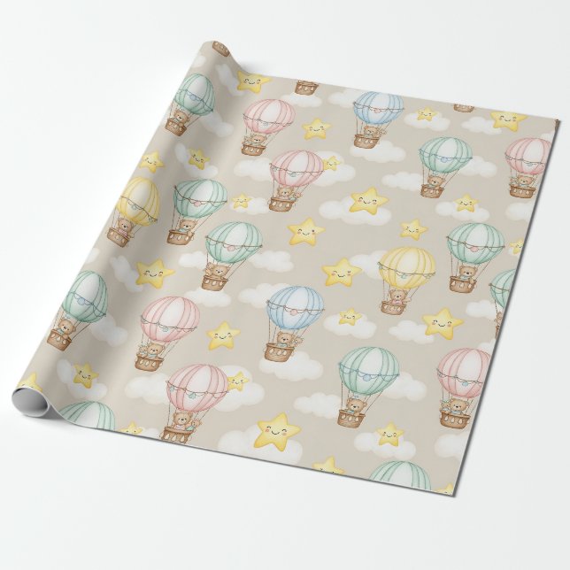 Cute Teddy Bear Hot Air Balloon Neutral Pattern 1 Presentpapper (Utrullad)