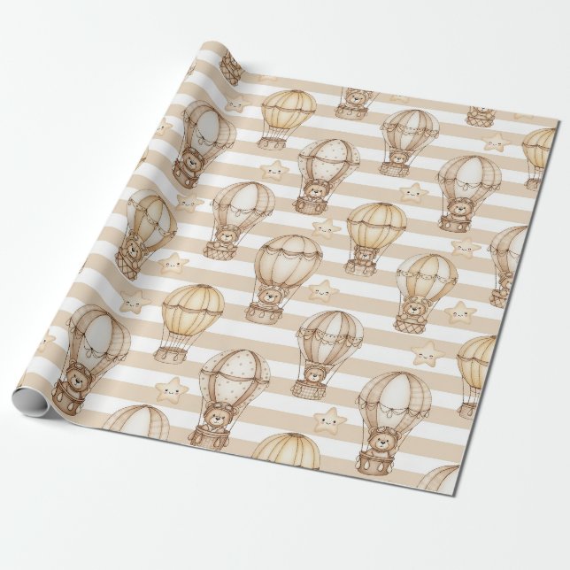 Cute Teddy Bear Hot Air Balloon Neutral Pattern 5 Presentpapper (Utrullad)