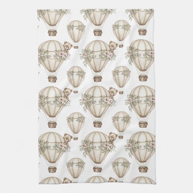Cute Teddy Bear Hot Air Balloon Neutral Pattern 6 Kökshandduk (Vertikal)