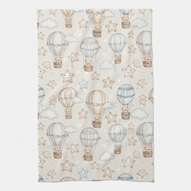 Cute Teddy Bear Hot Air Balloon Neutral Pattern 7 Kökshandduk (Vertikal)