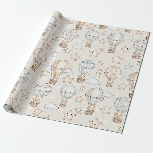 Cute Teddy Bear Hot Air Balloon Neutral Pattern 7 Presentpapper (Utrullad)