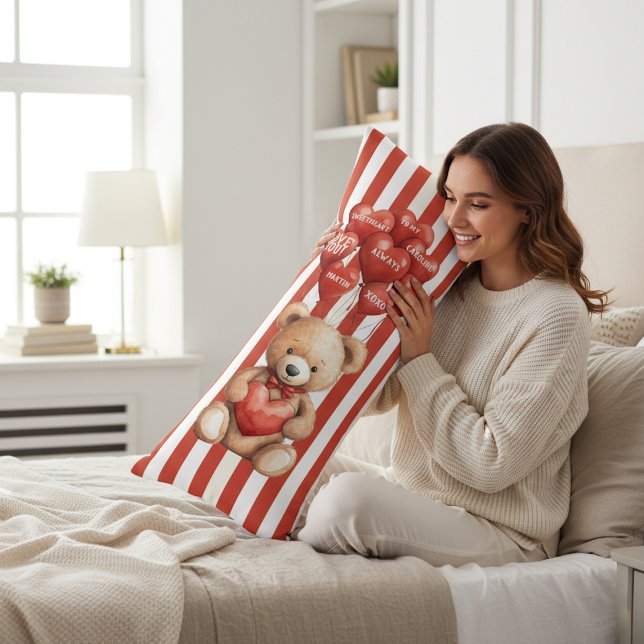 Cute Teddy Bear Love Heart Balloons Red White Kroppskudde (Skapare uppladdad)