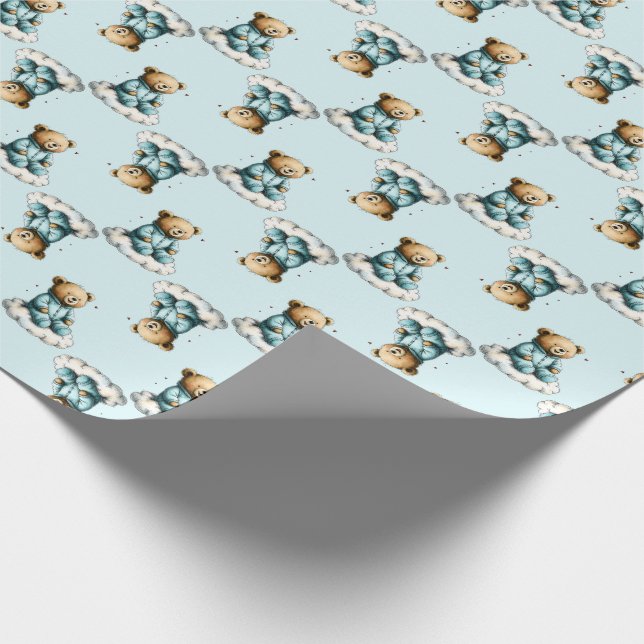 Cute Teddy Bear on a Cloud Blue PJs Presentpapper (Hörn)