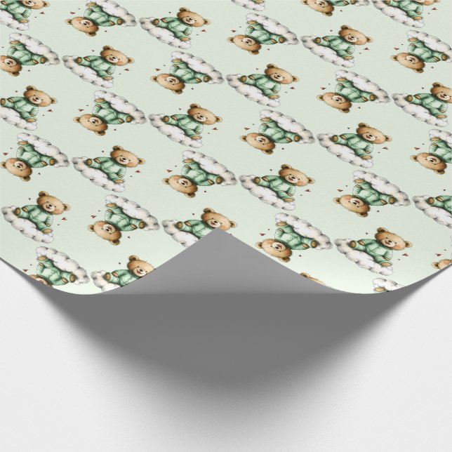 Cute Teddy Bear on a Cloud Green PJs Presentpapper (Hörn)