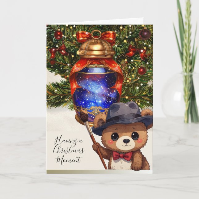 Cute Teddy Bear Painting A Christmas Tree Lantern Helgkort (Framsida)