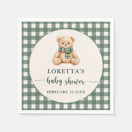 Cute Teddy Bear Rustic Green Plaid Baby Shower  Pappersservett