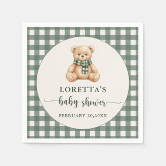 Cute Teddy Bear Rustic Green Plaid Baby Shower  Pappersservett