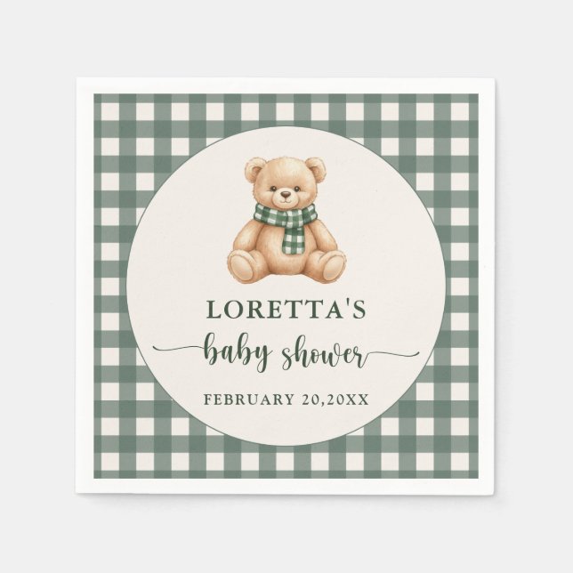 Cute Teddy Bear Rustic Green Plaid Baby Shower  Pappersservett (Framsidan)