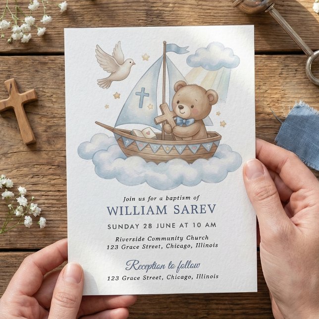 Cute Teddy Bear Sailboat Baptism Invitation Design Inbjudningar (Teddy Bear Baptism Invitation with Cross, Boat and Clouds)