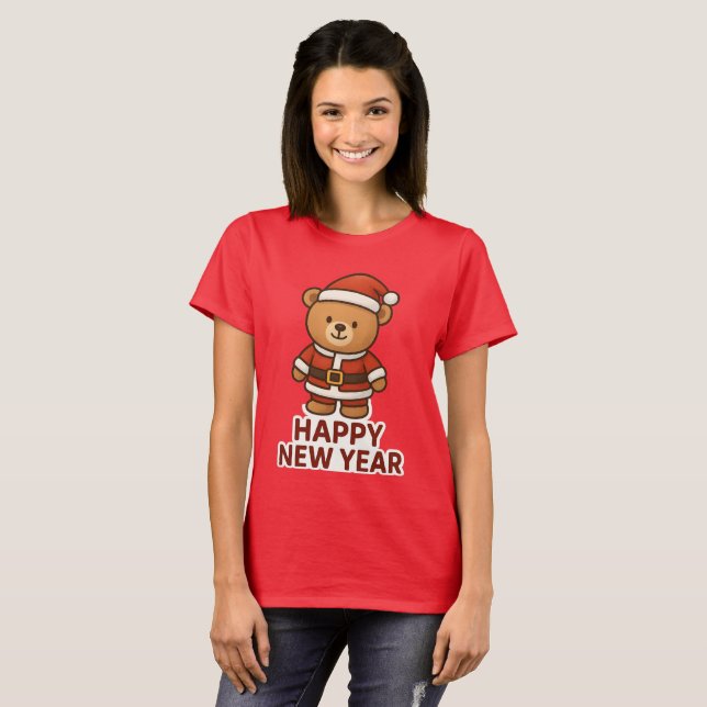 Cute Teddy Bear Santa Happy New Year Sticker T Shirt (Hel framsida)