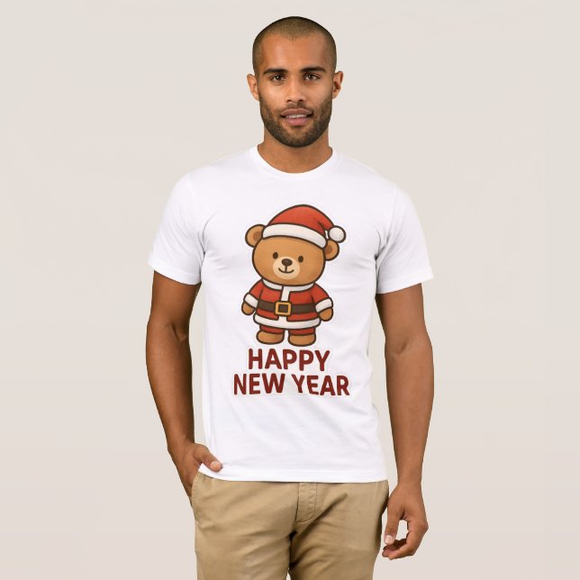 Cute Teddy Bear Santa Happy New Year Sticker T Shirt (Hel framsida)