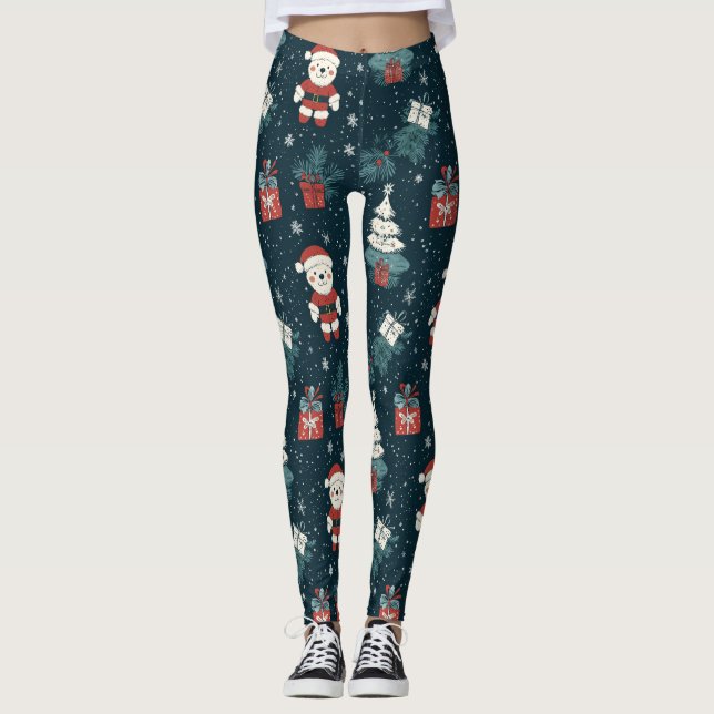 Cute Teddy Bear & Santa on Dark Green (1) Leggings (Framsida)