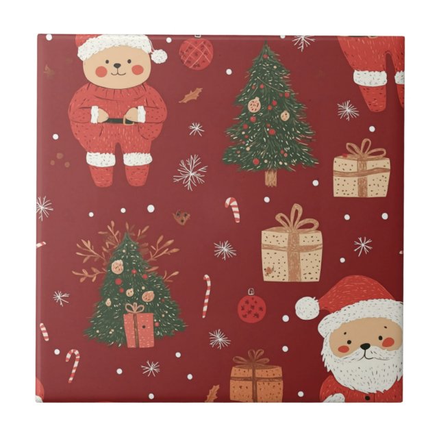 Cute Teddy Bear & Santa on Red (2) Kakelplatta (Framsidan)
