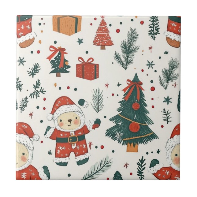 Cute Teddy Bear & Santa on White (1) Kakelplatta (Framsidan)
