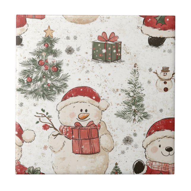 Cute Teddy Bear & Santa on White (2) Kakelplatta (Framsidan)