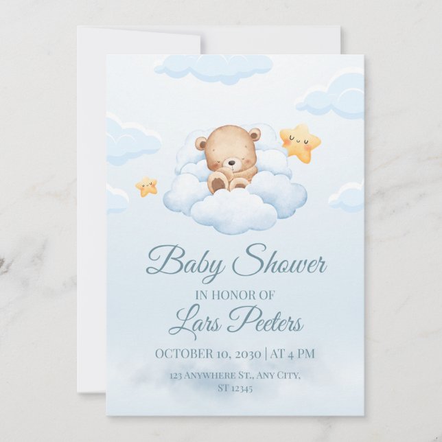 Cute Teddy Bear Sleeping on Cloud Baby Shower Invi Inbjudningar (Framsida)