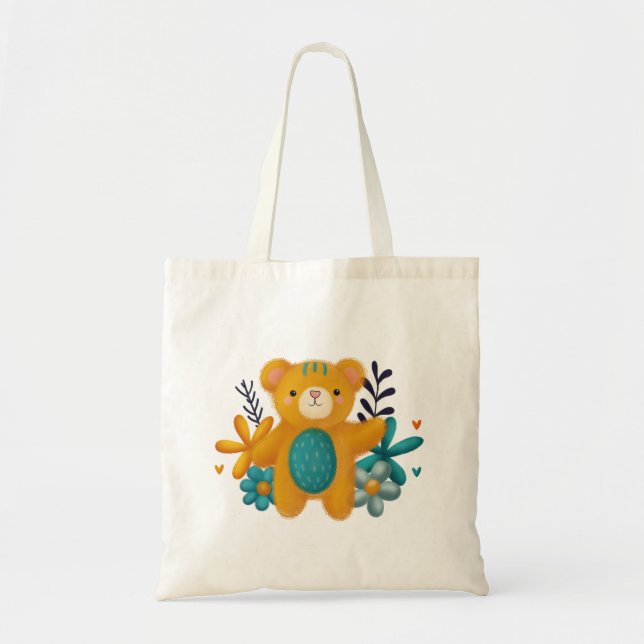 Cute Teddy Bear Tote Bag – Kawaii Design Tygkasse (Framsidan)