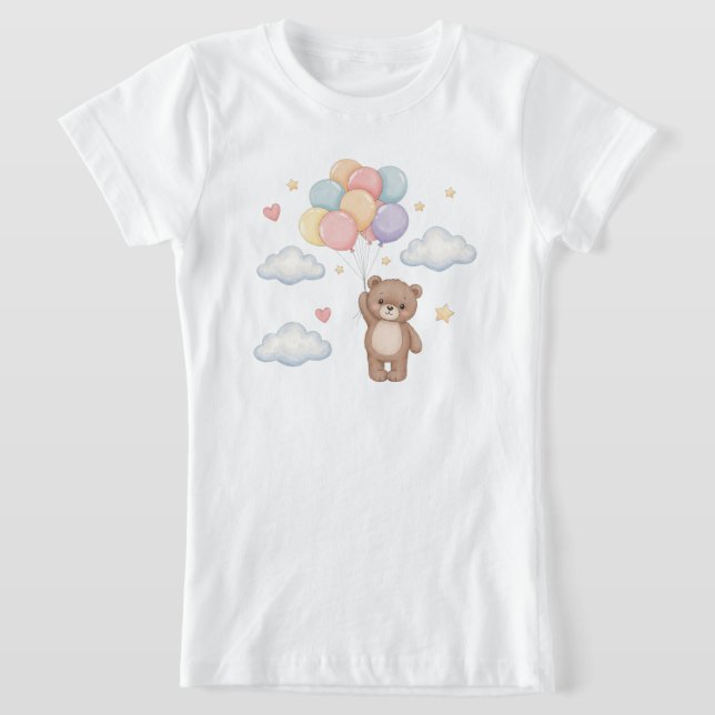 Cute Teddy Bear with Balloons in the Sky T Shirt (Laydown)