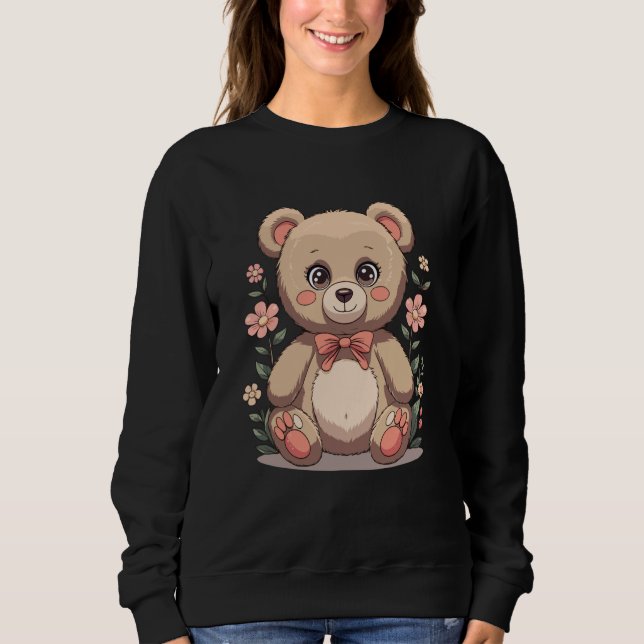 Cute Teddy Bear with Bow Tie and Pastel Flowers T Shirt (Framsida)