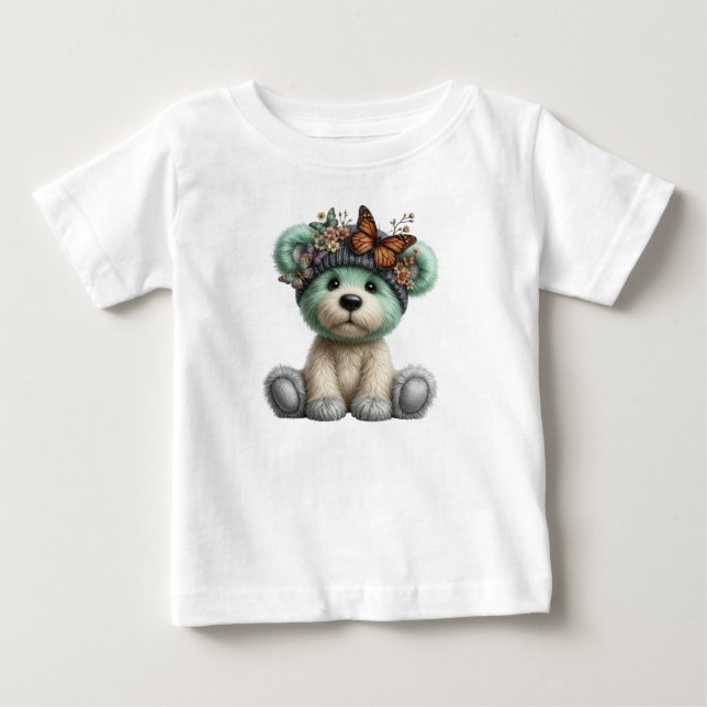 Cute Teddy Bear with Butterflies Floral Plush T Shirt (Framsida)