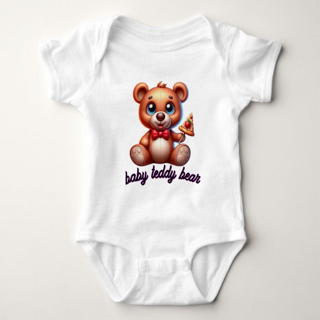 🧸Cute Teddy Bear with Pizza  T Shirt (Framsida)