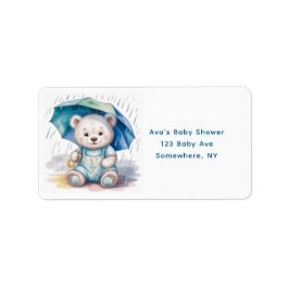 Cute Teddy Bear With Umbrella Boy Baby Shower Adressetikett