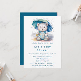 Cute Teddy Bear With Umbrella Boy Baby Shower  Inbjudningar