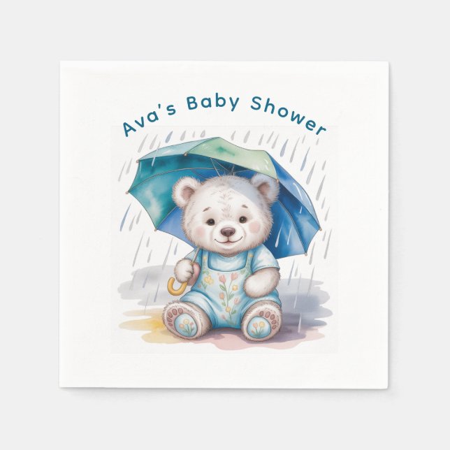 Cute Teddy Bear With Umbrella Boy Baby Shower Pappersservett (Framsidan)